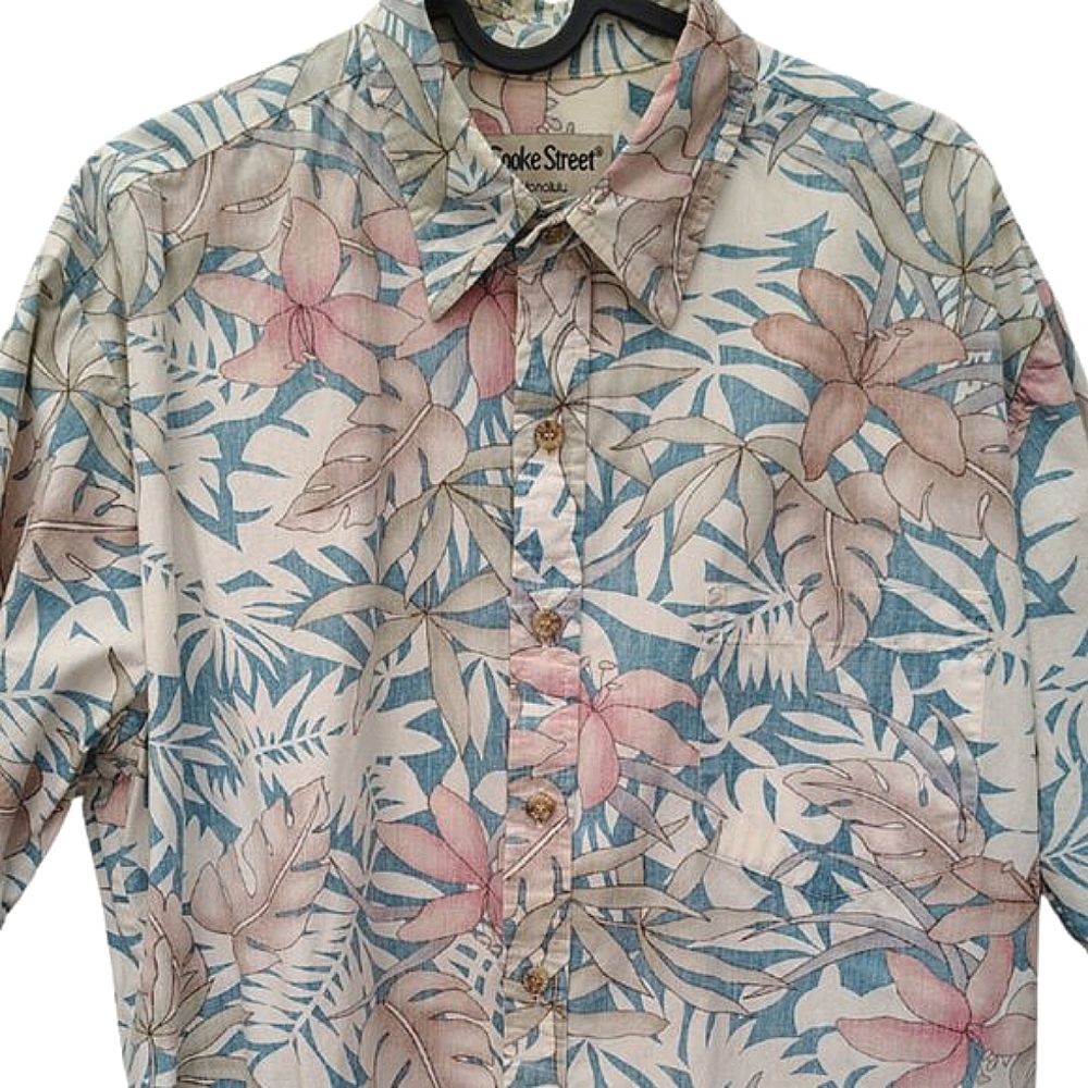 Aloha Hawaiian Reverse Print Blue & Cream Tropical Cotton Button Front Shirt | M